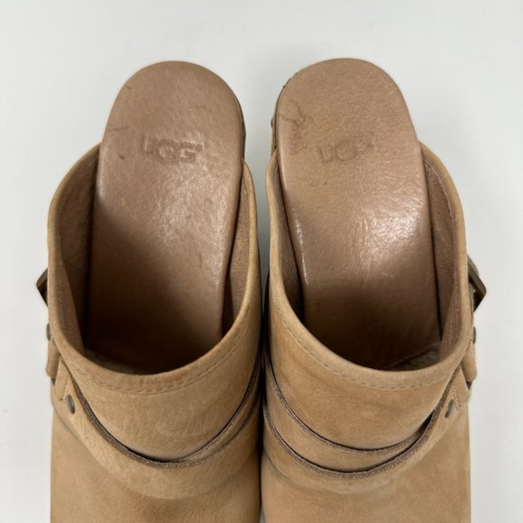 UGG Nubuck Leather Studded Slip On Wedge Mules Heels Womens - Picture 15 of 15